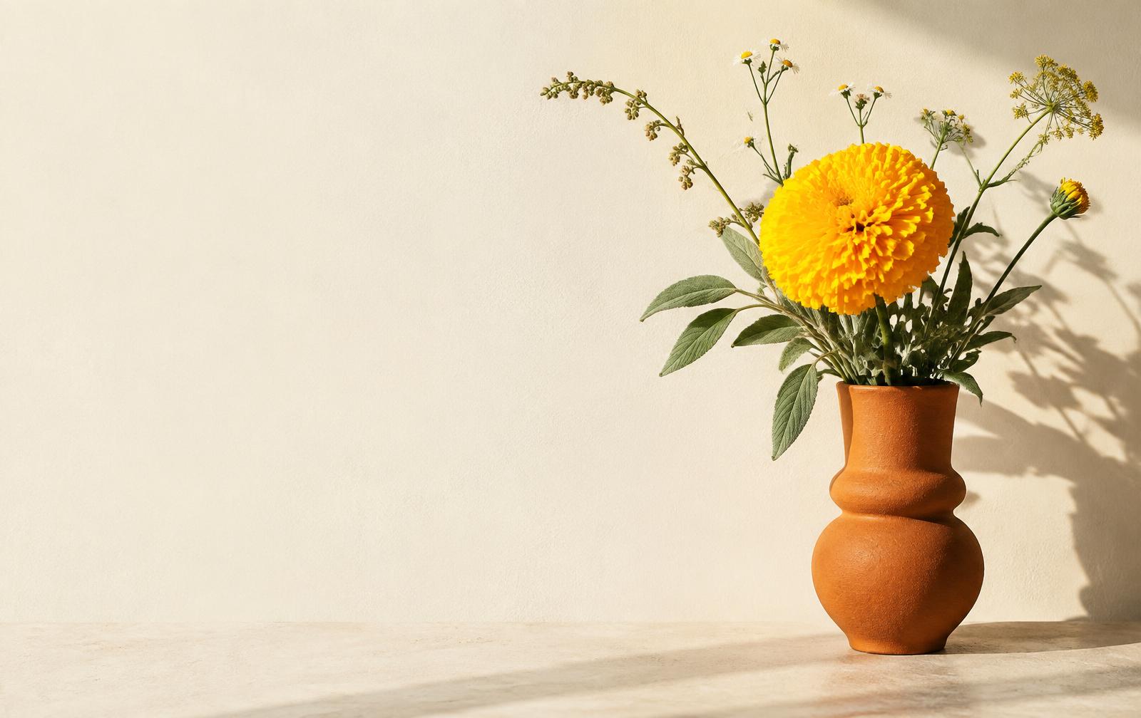 Een gele bloem in een warme oranje vaas